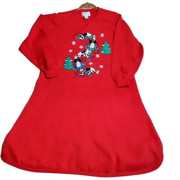 VINTAGE 80's Comfort Exchange Christmas Cute Dogs Ski Red Nightgown Unisex M - Picture 9 of 9